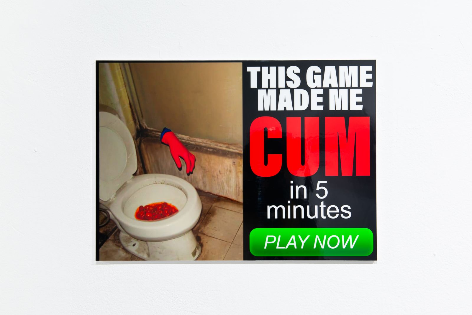 print hanging on a white wall, the print is an online clickbait advert that reads